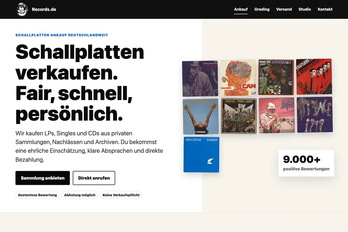 Desktop-Screenshot der Website Records.de mit Schallplatten-Ankauf