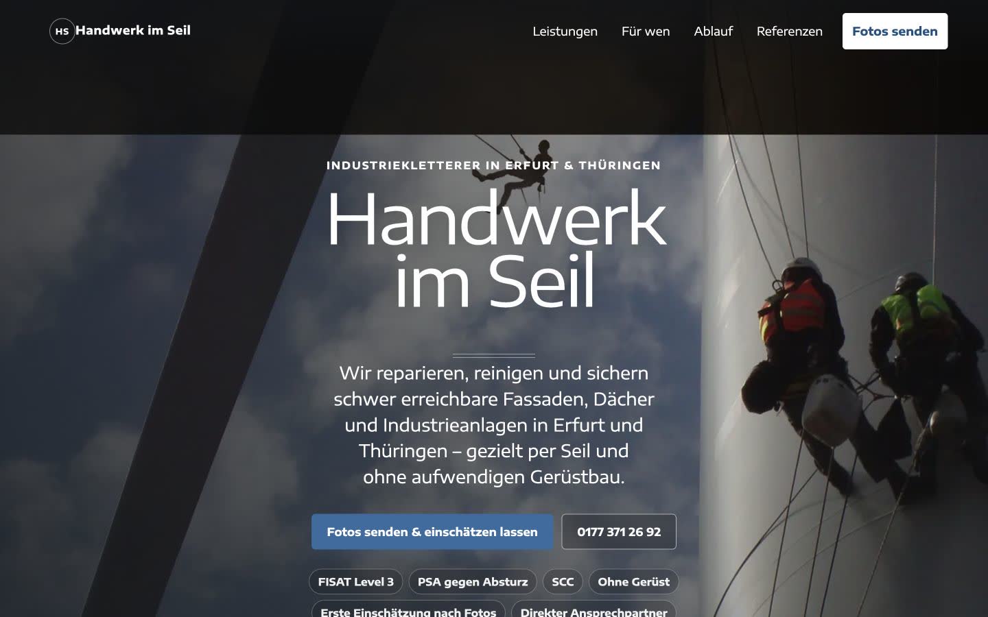 Startseite von Handwerk im Seil mit Industriekletterern an einer Fassade