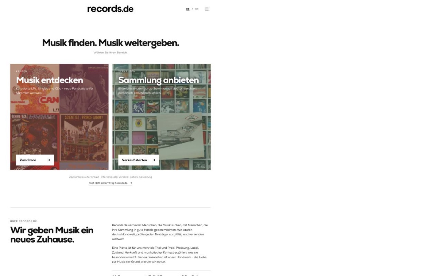 Aktuelle Startseite von Records.de mit den Bereichen Musik entdecken und Sammlung anbieten